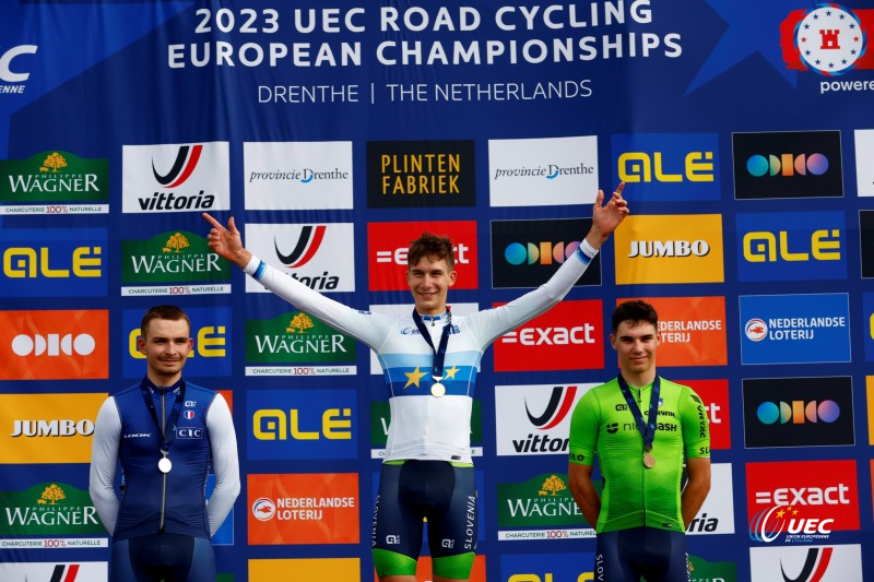 2023 UEC Road European Championships - Drenthe - Junior Men's Road Race - Drijber - Col Du VAM 111 km - 23/09/2023 - Anze Ravbar (Slovenia) - Matys Grisel (France) - Zak Erzen (Slovenia) - photo Luca Bettini/SprintCyclingAgency?2023